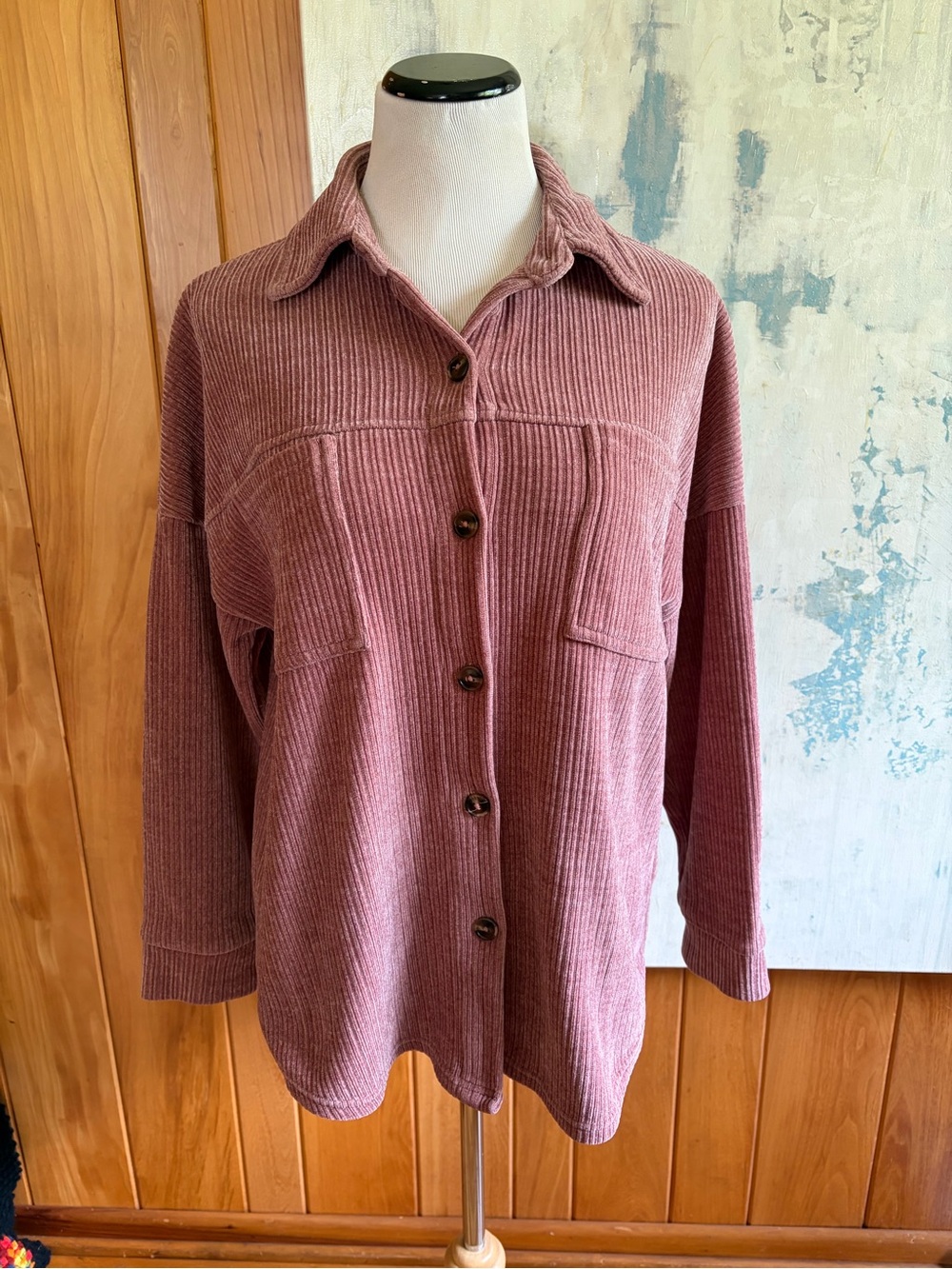 Elleborn Women’s Small Ribbed Button-Up Shirt Jacket in Dusty Rose.